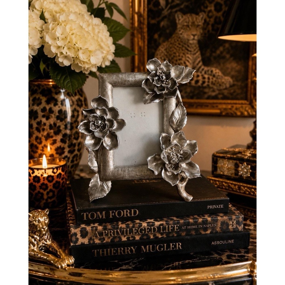 Chunky Statement Brushed Silver Floral Picture Frame 3.5x5" Photo Roses Flowers